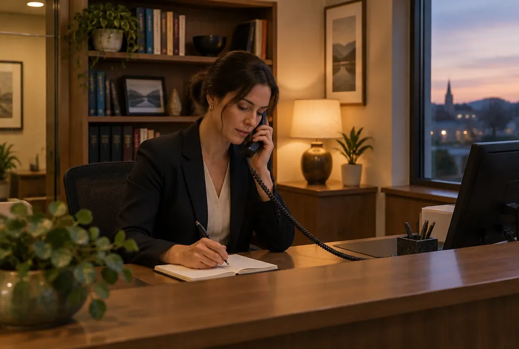 A firm's front desk at dusk