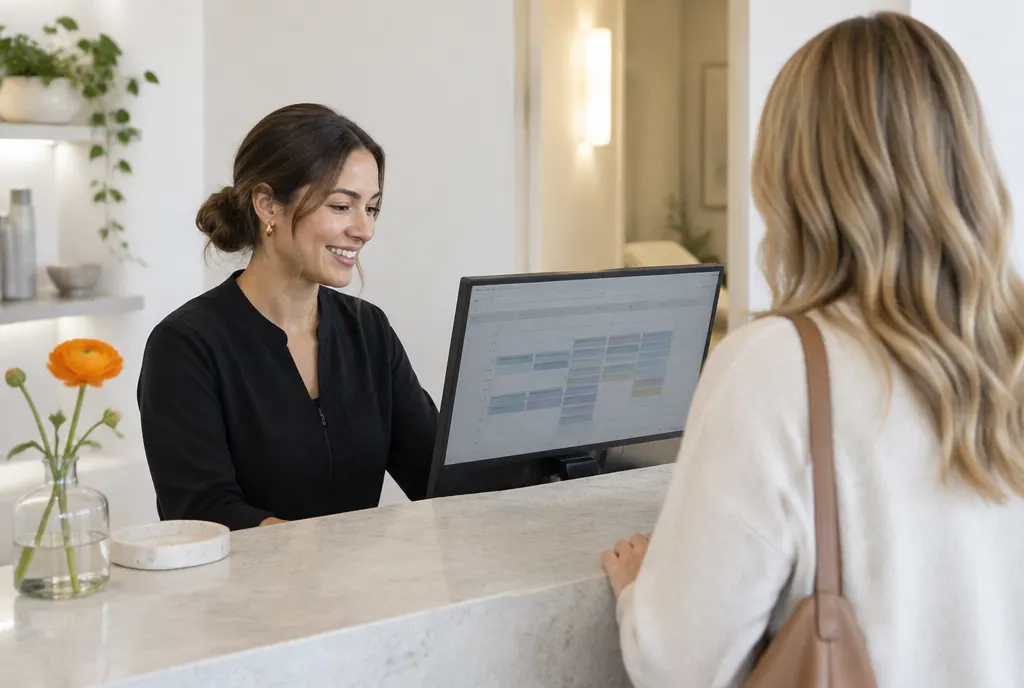 A front desk coordinator booking a next visit