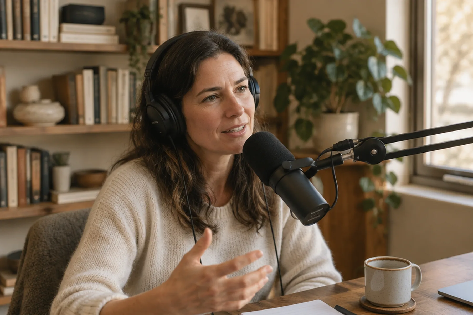 A podcast host recording at home
