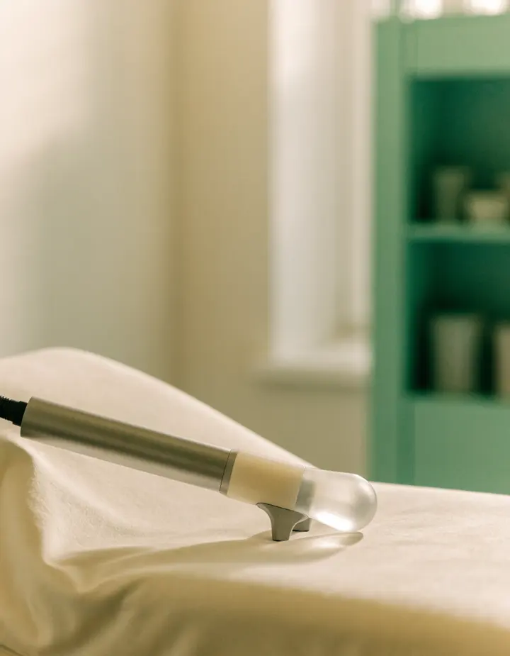 A laser handpiece resting on a treatment bed