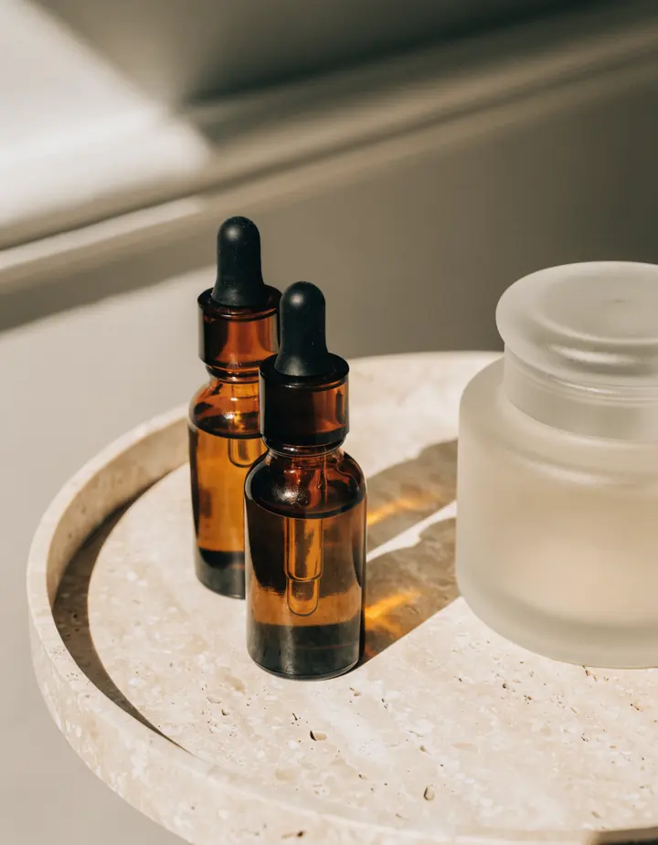 Amber serum bottles on travertine