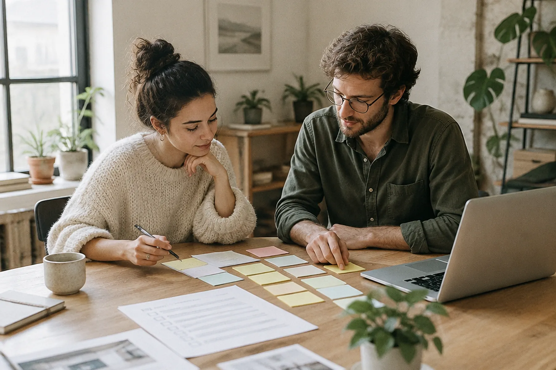 Two people planning with sticky notes