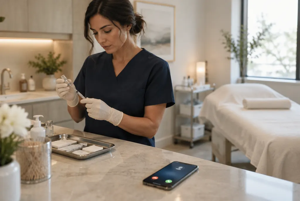 A nurse injector busy with a patient while the phone rings