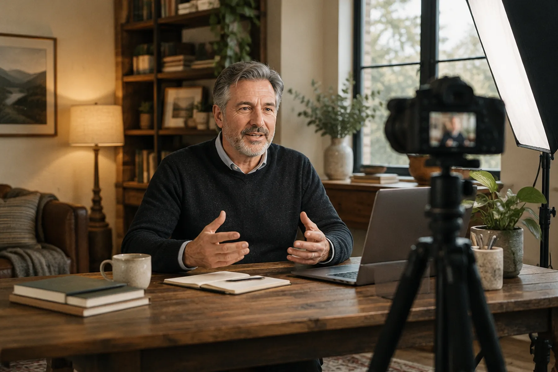 A coach recording a video at his desk