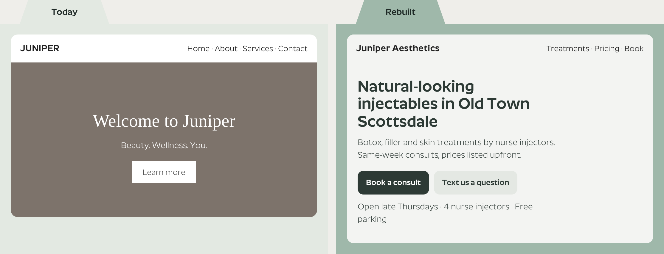 Sample preview: a fictional med spa's homepage hero, before and after