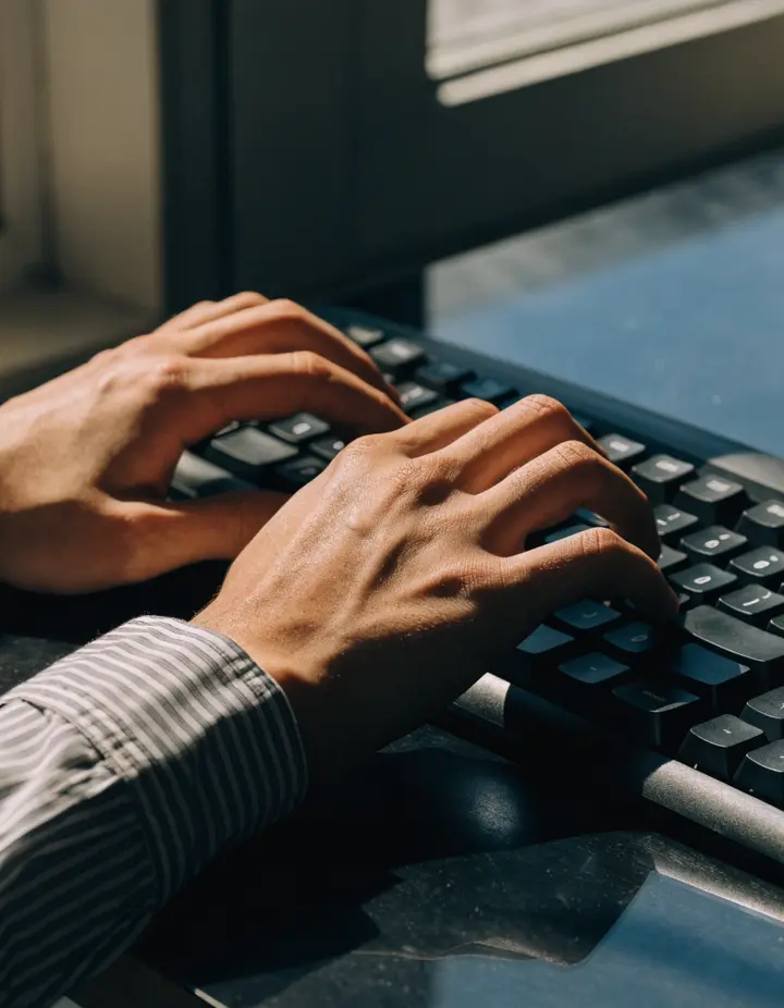 Hands typing on a keyboard by a window