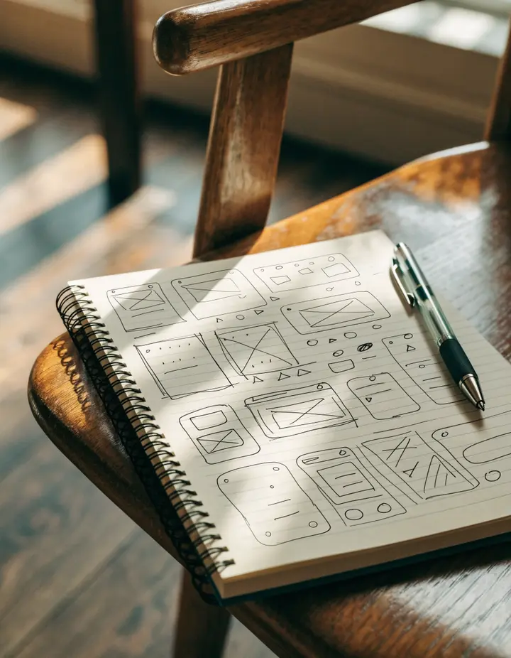 A notebook of hand-drawn page layouts and a pen on a chair