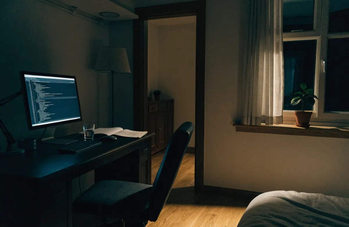 A quiet home office at night lit by a monitor