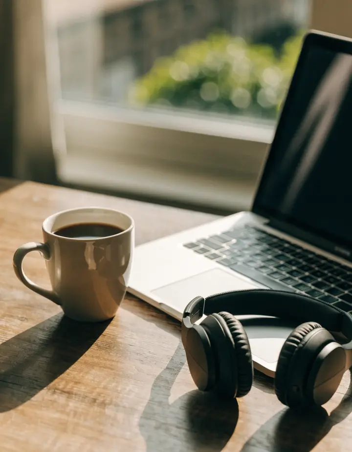 A coffee mug and headphones beside a laptop in morning light