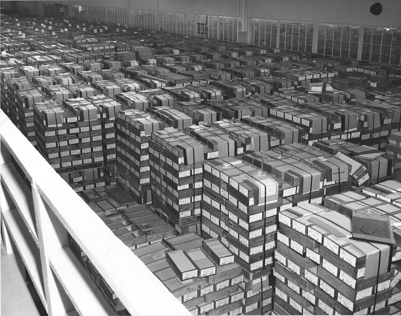 A warehouse floor of stored punched cards, 1959