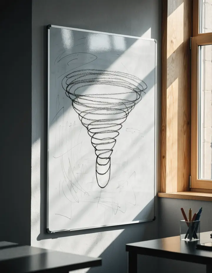 A whiteboard sketch of a sales funnel in a sunlit office
