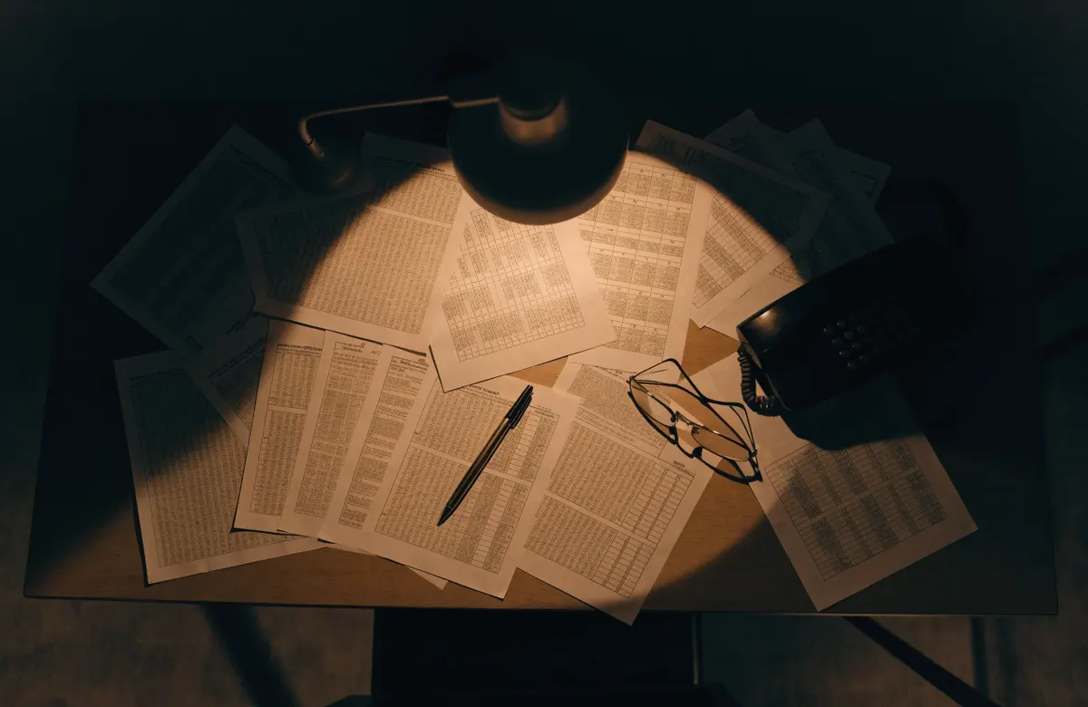 Printed price tables, a pen and glasses under a desk lamp