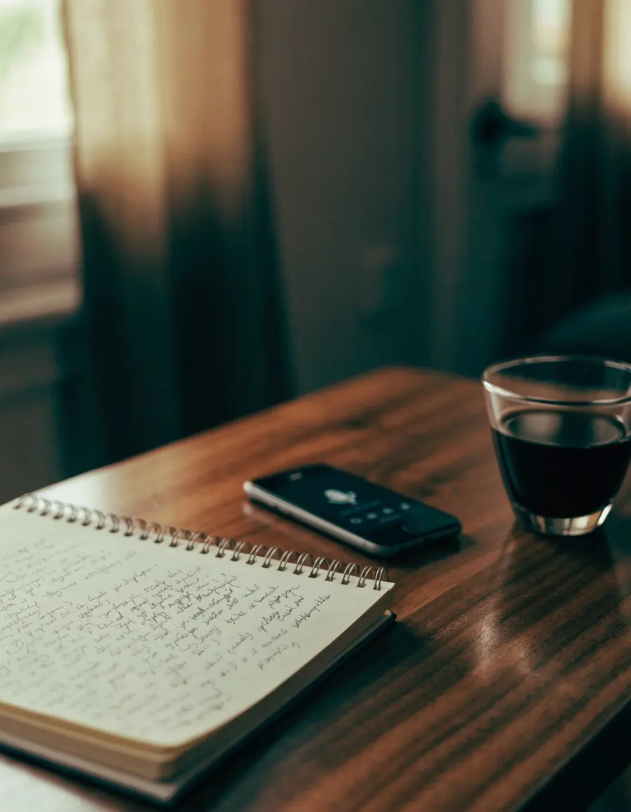 A notebook of interview notes beside a phone recording on a desk