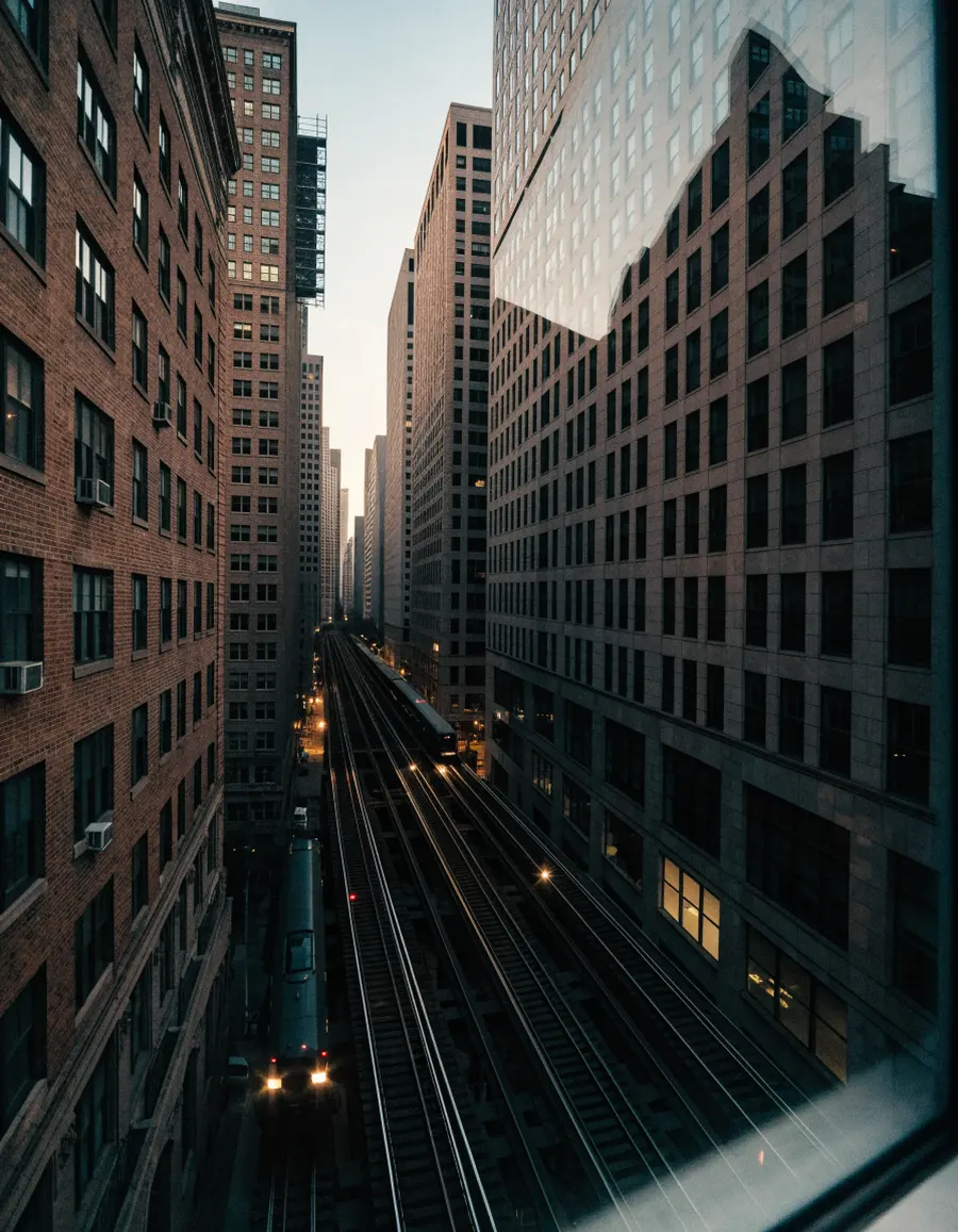 The elevated train tracks of the Loop at dusk, seen from an office window