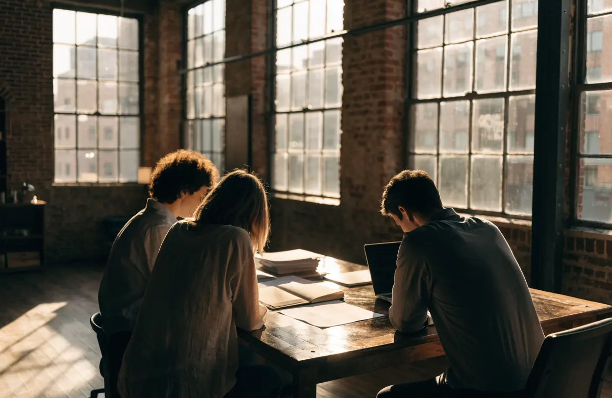 Three people reviewing printed pages at a long table in a brick office