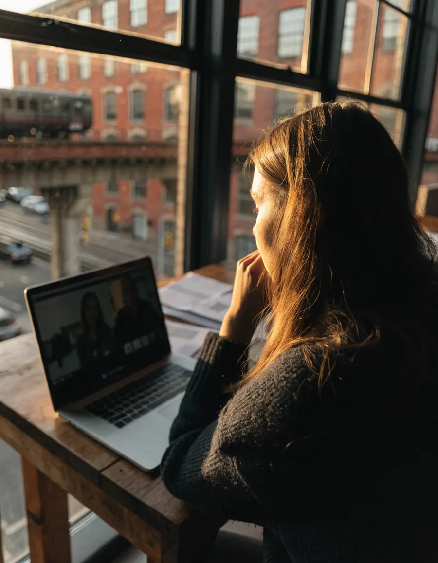 A woman on a video call in a loft office with the elevated train outside