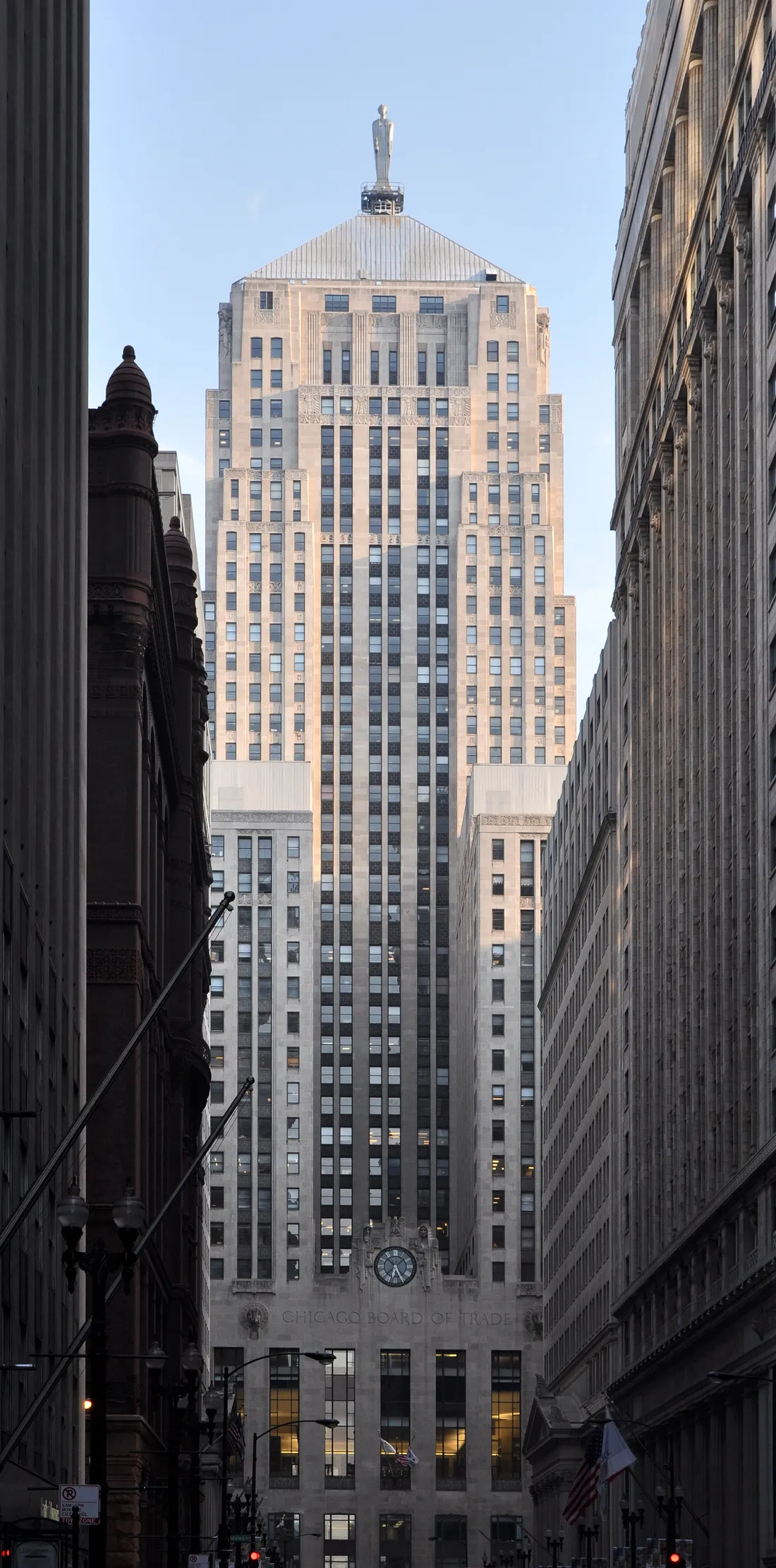 The Chicago Board of Trade building at the end of LaSalle Street