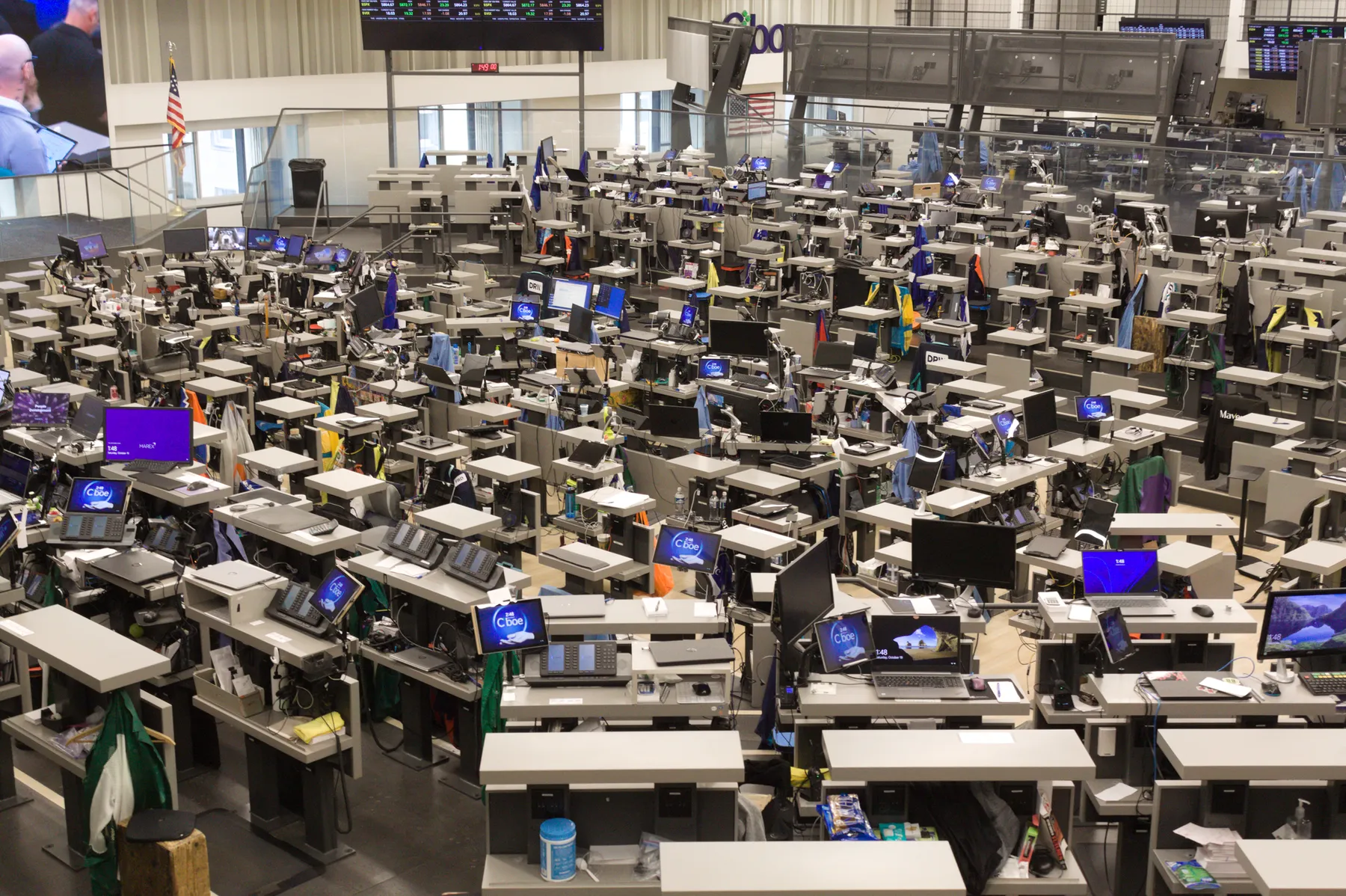 Rows of trading desks on the Chicago Board of Trade floor