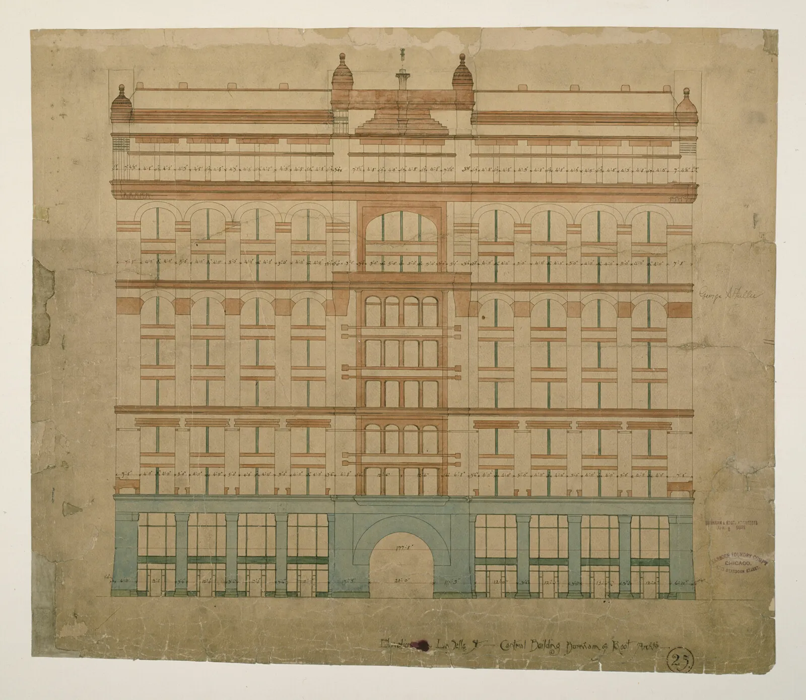 Burnham and Root's 1880s elevation drawing of the Rookery Building on LaSalle Street