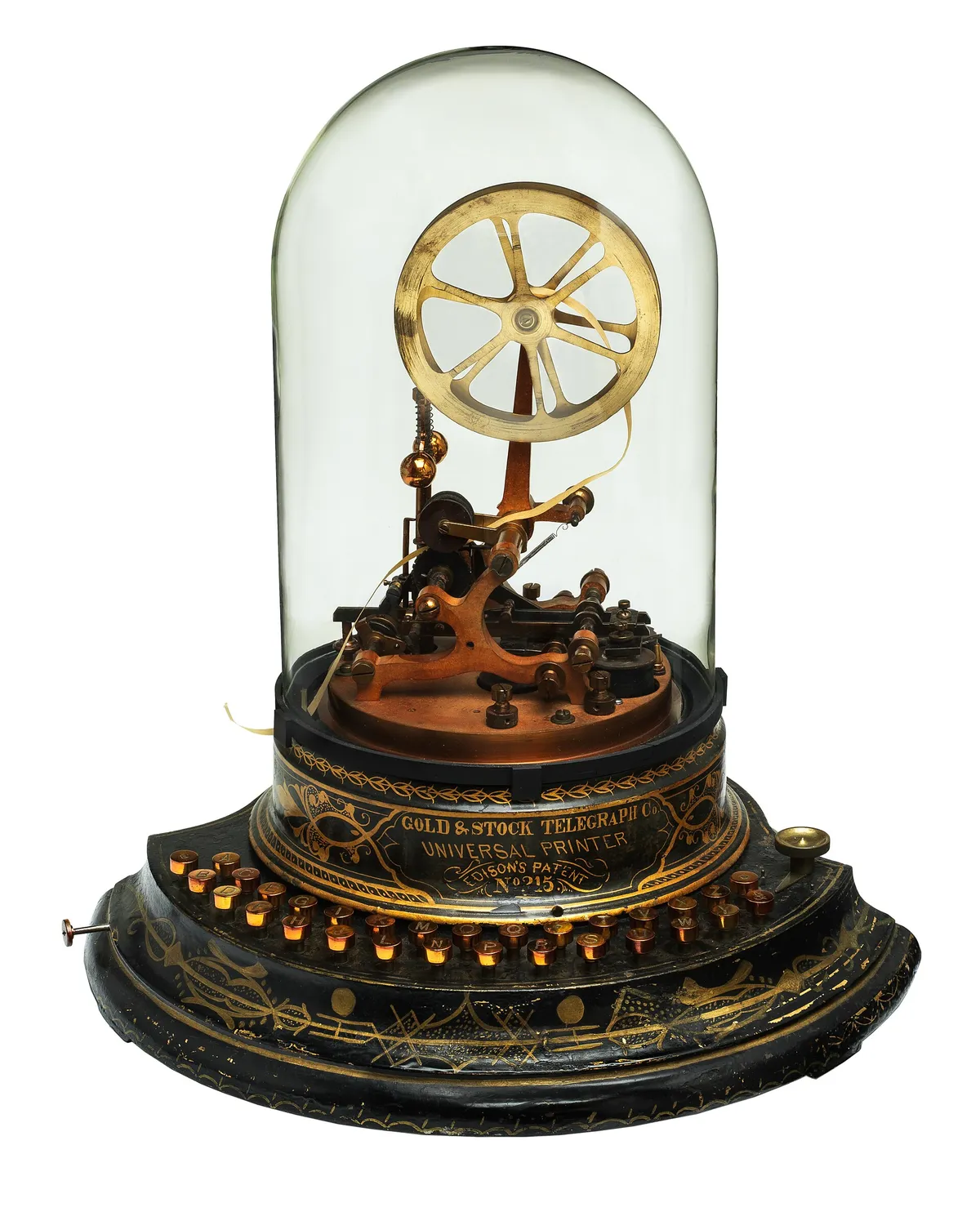 An Edison stock ticker under a glass dome