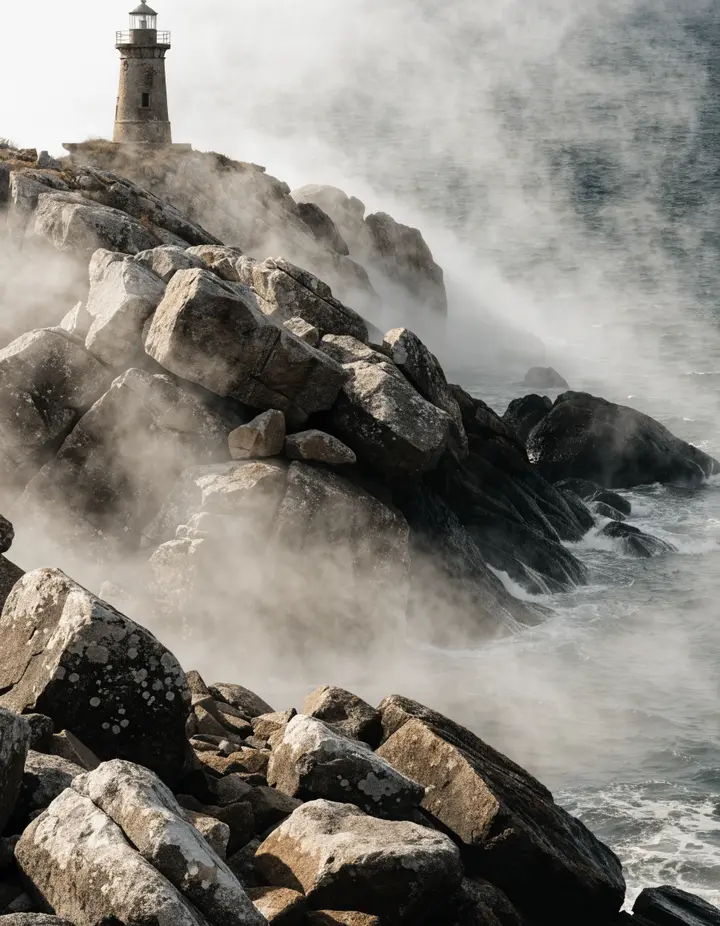 A lighthouse on a rocky shore in thick fog