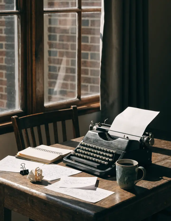 A writing desk with a typewriter, notes and a mug by a window