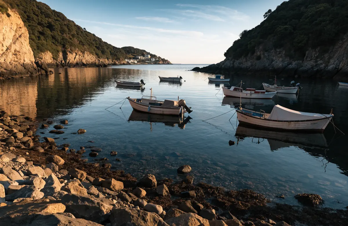 Small boats moored in a quiet harbor below wooded cliffs