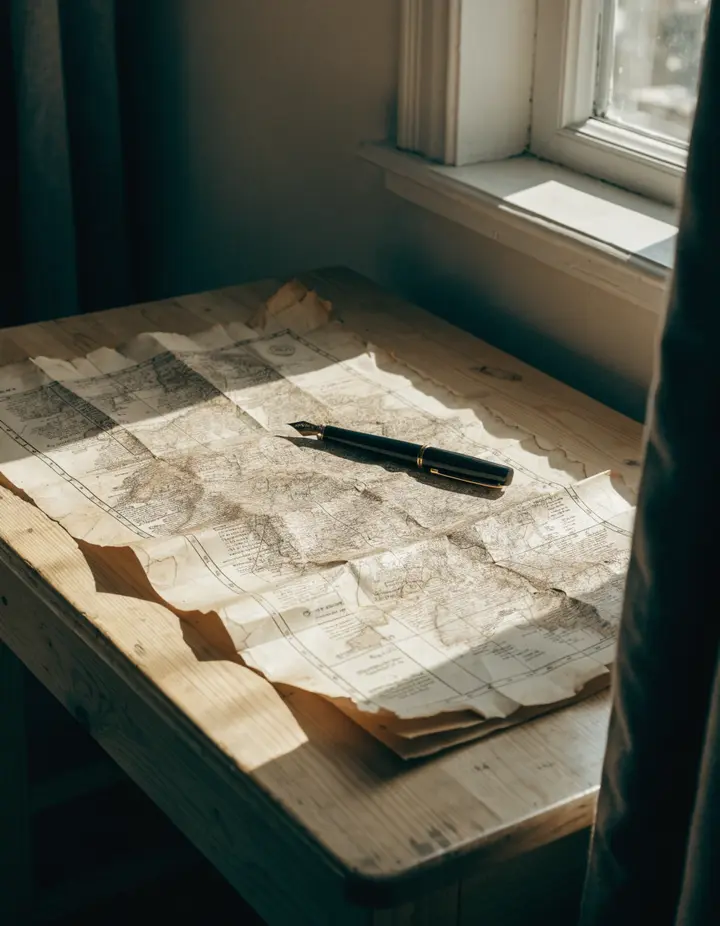 An old sea chart and a fountain pen on a desk by a window