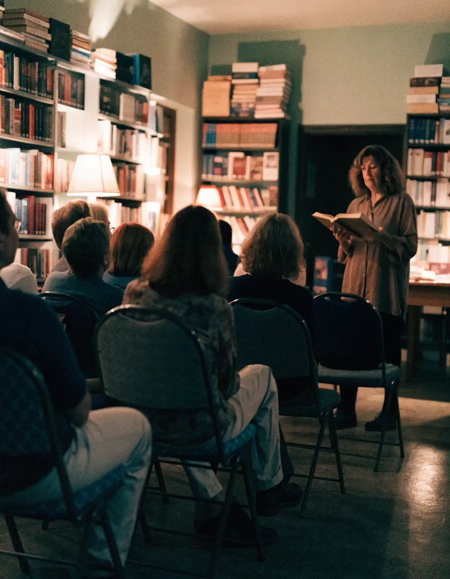 A small bookstore reading seen from the back row, a woman reading at a lectern under warm lamps
