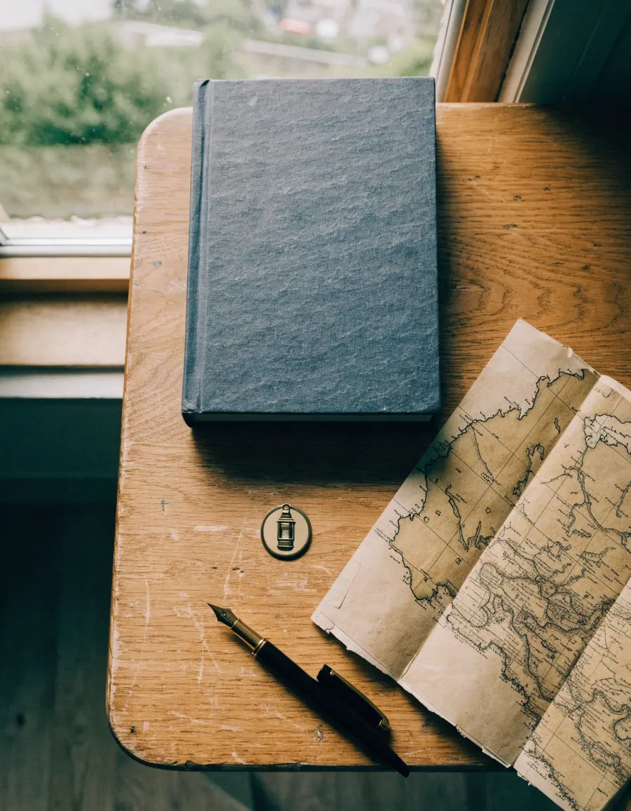 A signed hardcover, a folded sea chart print and a small brass lantern pin on a wooden table