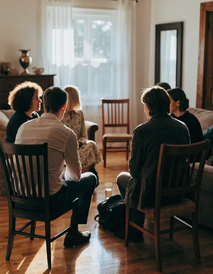 A small group talking in a living room