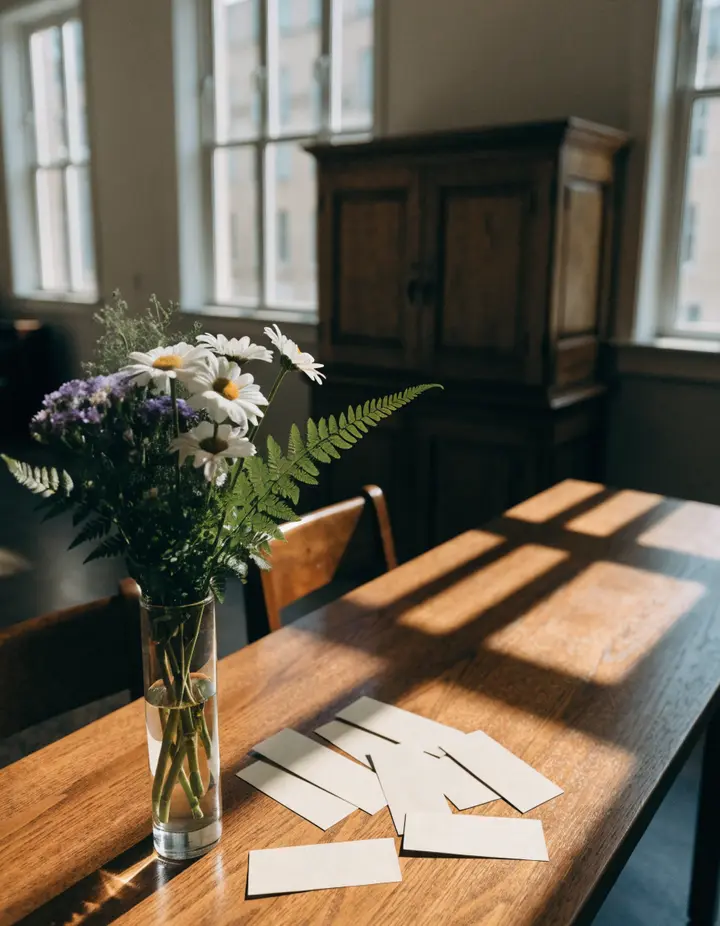 A welcome table with flowers and blank name cards