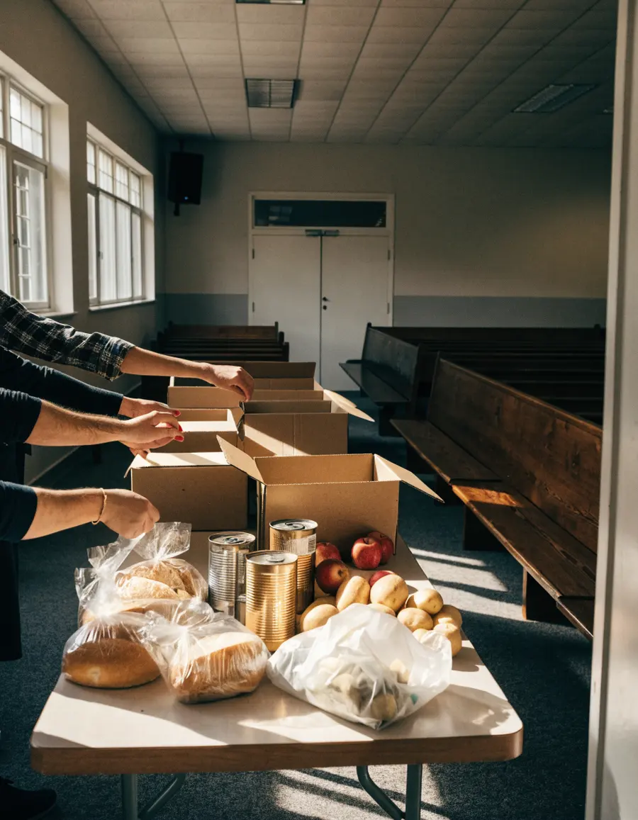 Volunteers packing grocery boxes at a long table