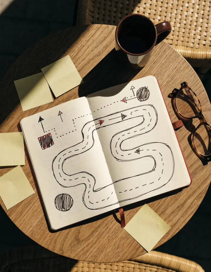 An open notebook with a hand-drawn route map and sticky notes on a wooden table