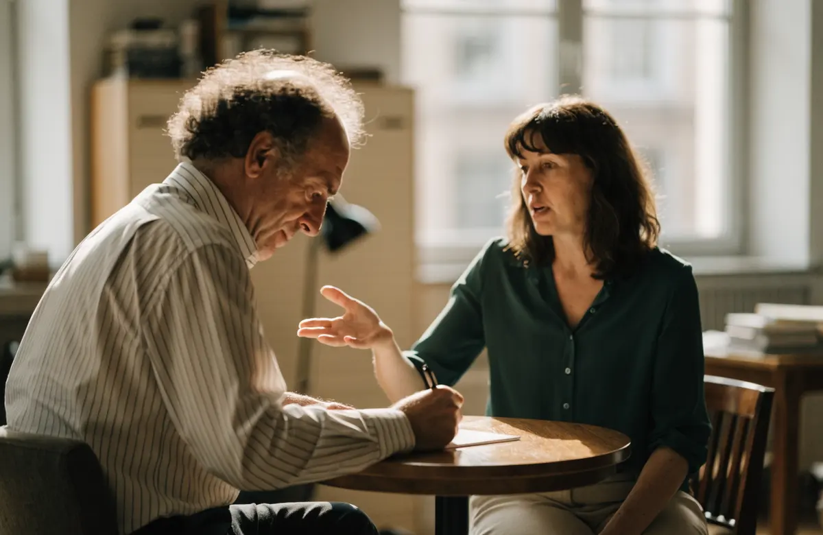 Two people across a small table during a mock interview, one taking notes