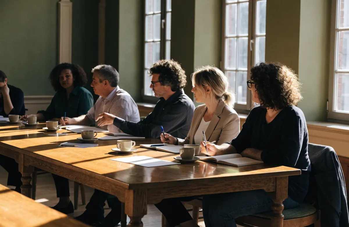 A small group of adults around a long table with notebooks in a sunlit room