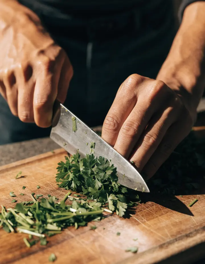 Hands chopping parsley on a wooden board