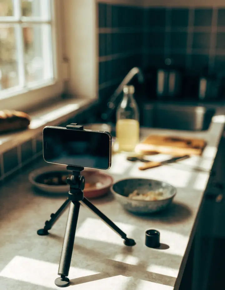 A phone on a tripod filming a kitchen counter