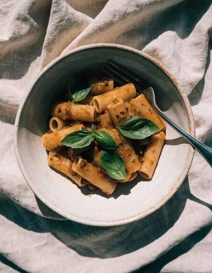 Rigatoni with basil in a creamy tomato sauce