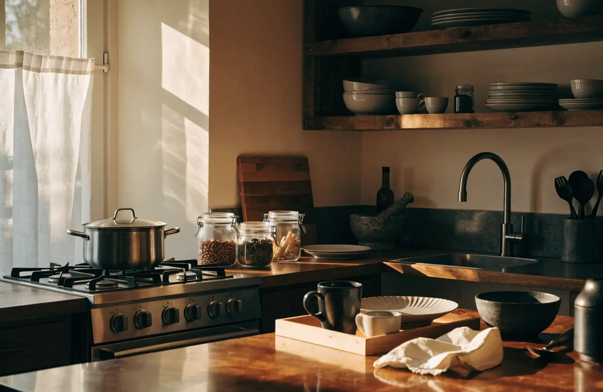 A sunny home kitchen with open shelves and a pot on the stove
