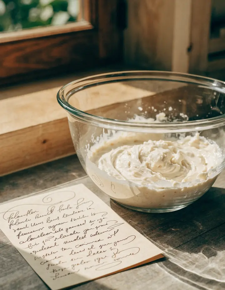 A handwritten shopping list beside a mixing bowl
