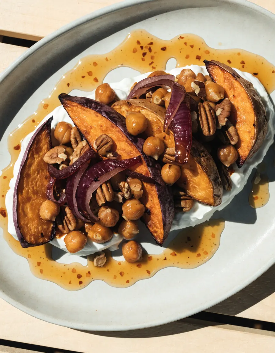 Roasted sweet potatoes and chickpeas on yogurt with honey and pecans