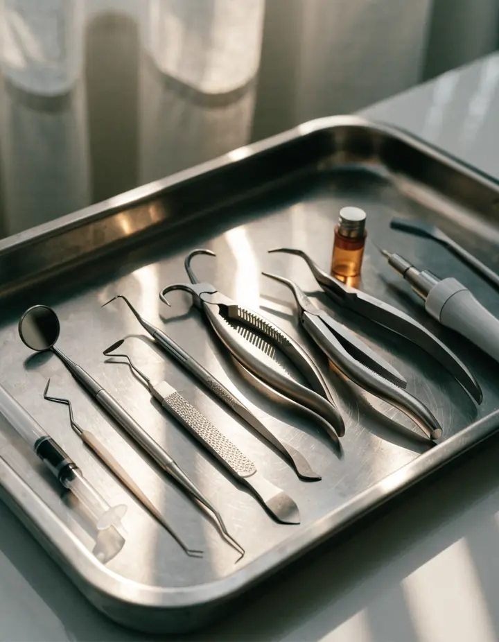 Dental instruments laid out on a steel tray in soft light
