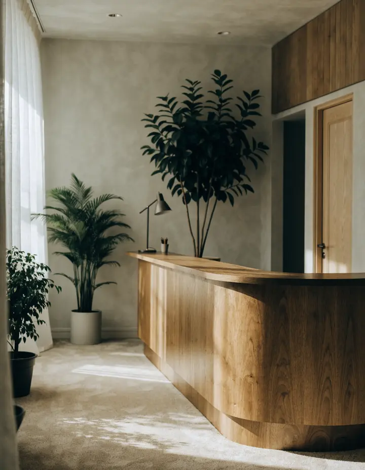 The front desk: a curved oak counter, plants and soft daylight