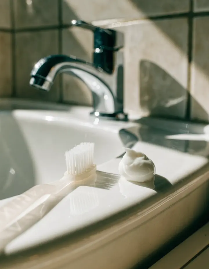 A toothbrush and toothpaste on a bathroom sink in morning light