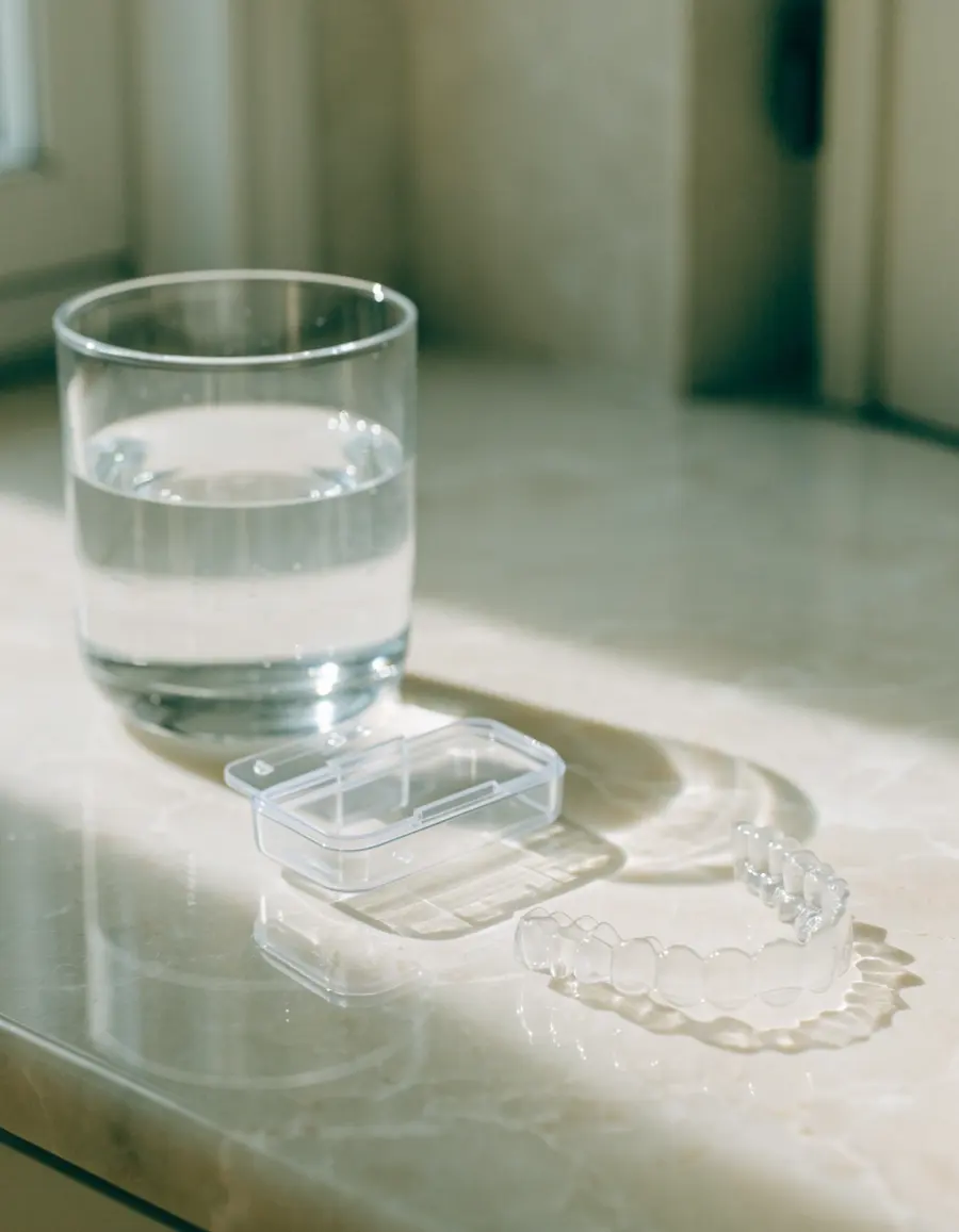 A clear aligner in its case on a bathroom counter