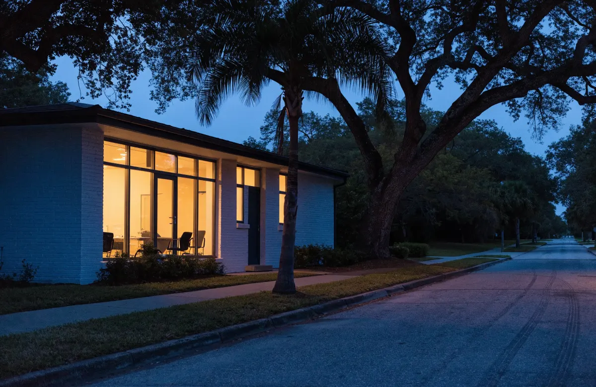 The practice at dusk with lit windows and a palm by the door