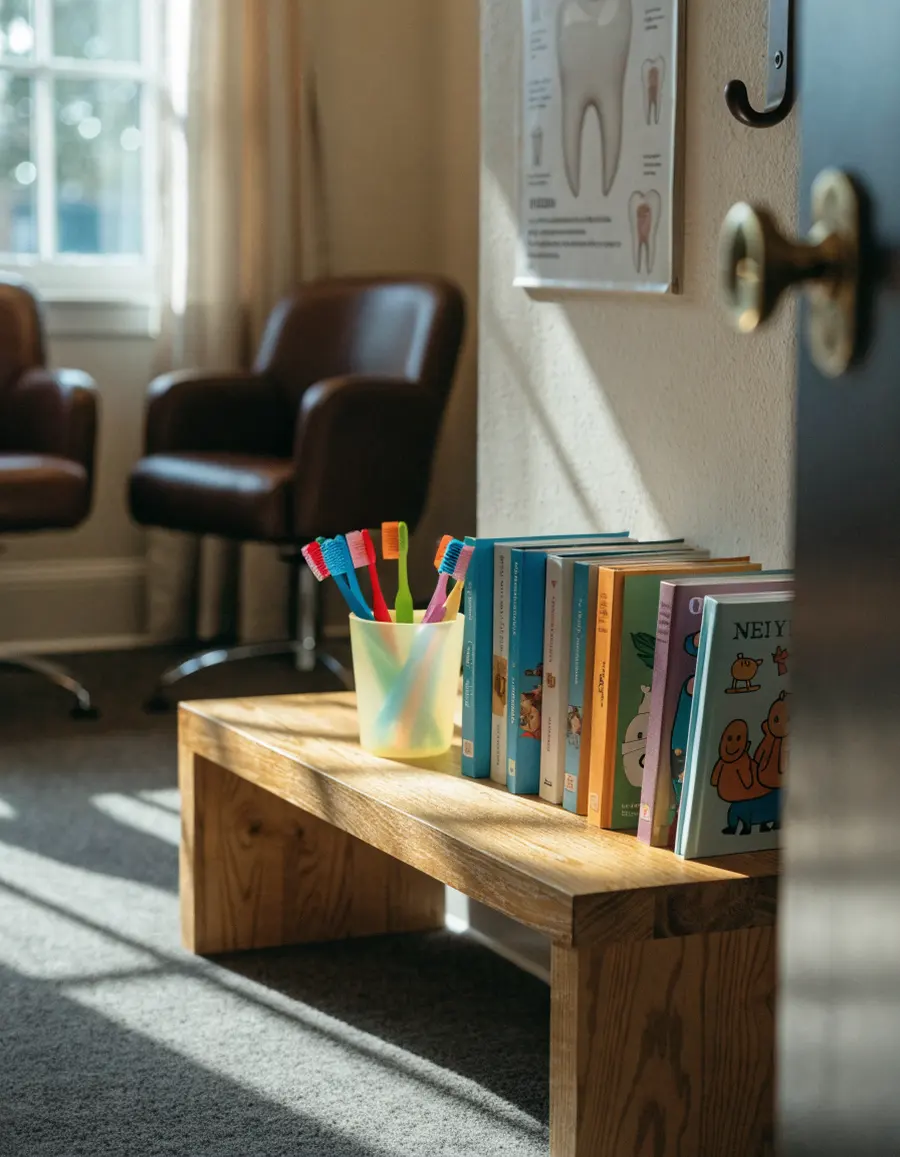 A low shelf with small toothbrushes and picture books in the waiting room