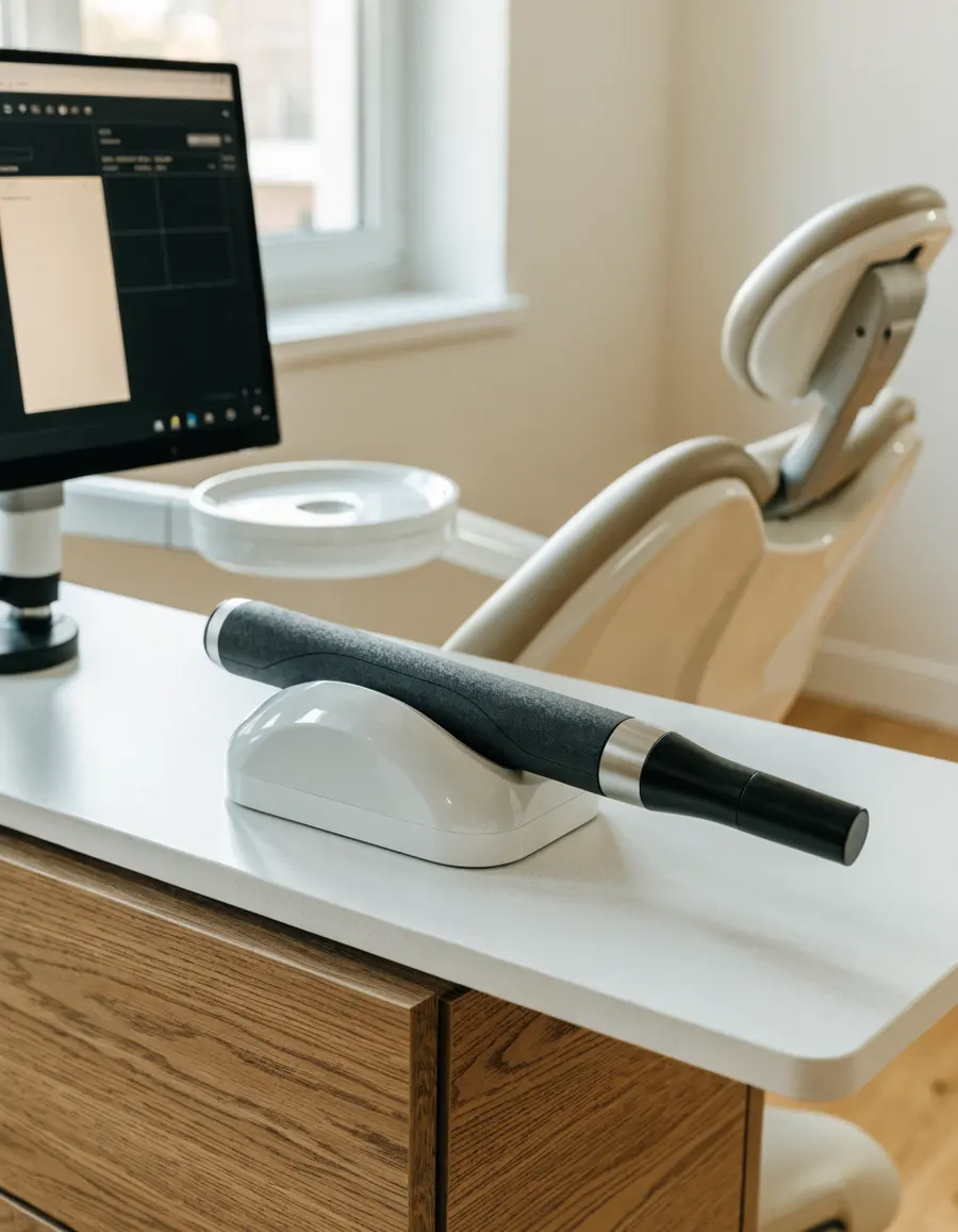 An intraoral scanner wand resting on a tray beside a monitor