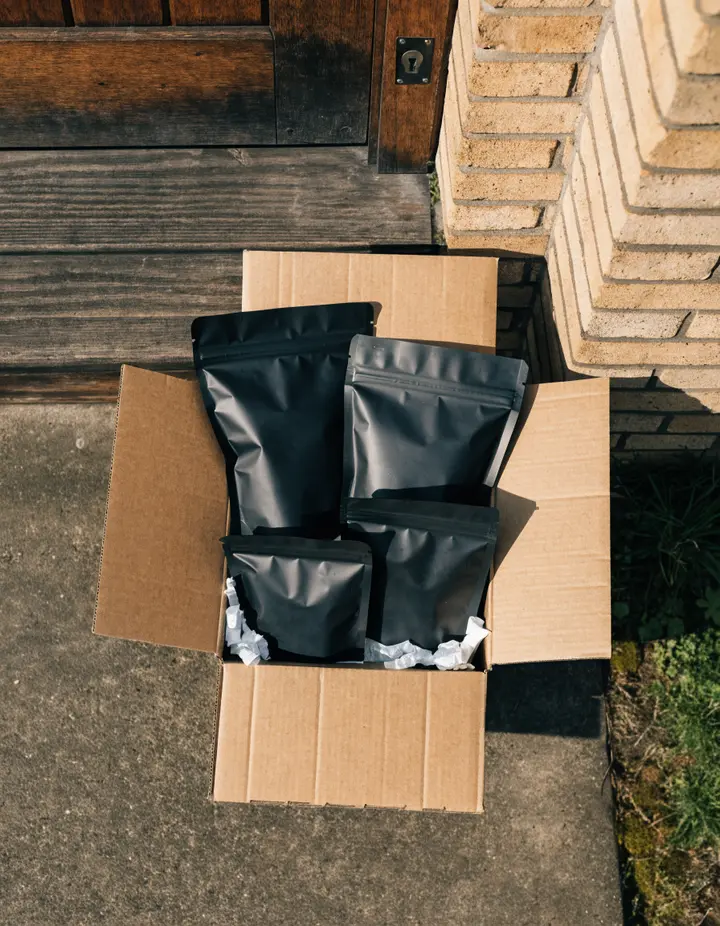 A delivery box on a doorstep with coffee bags inside